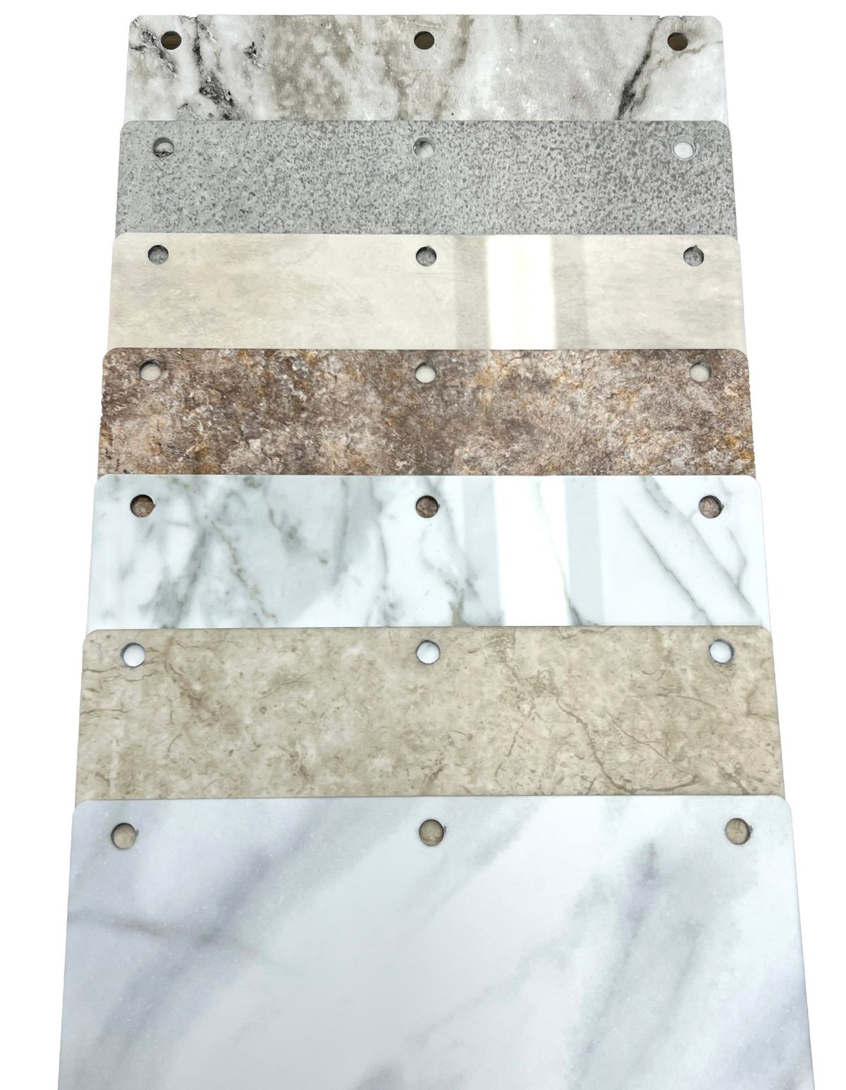 Acrylic wall surround samples in marble, stone and granite patterns